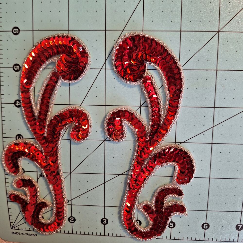 Red sequin and bead applique mirror pair